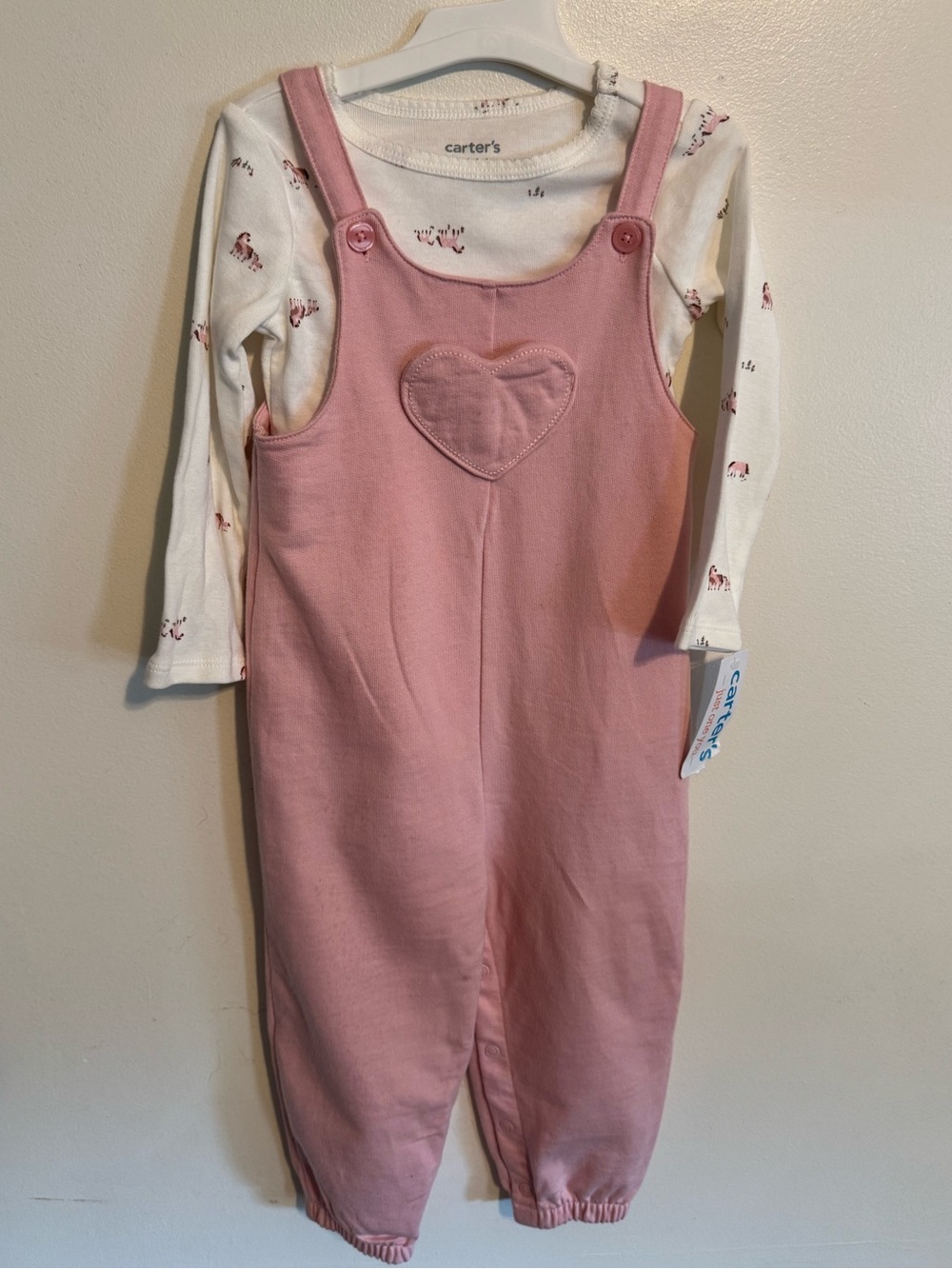 NWT Carter's Pink Heart Patch Overalls with Cream Long-Sleeve Horse Print Top